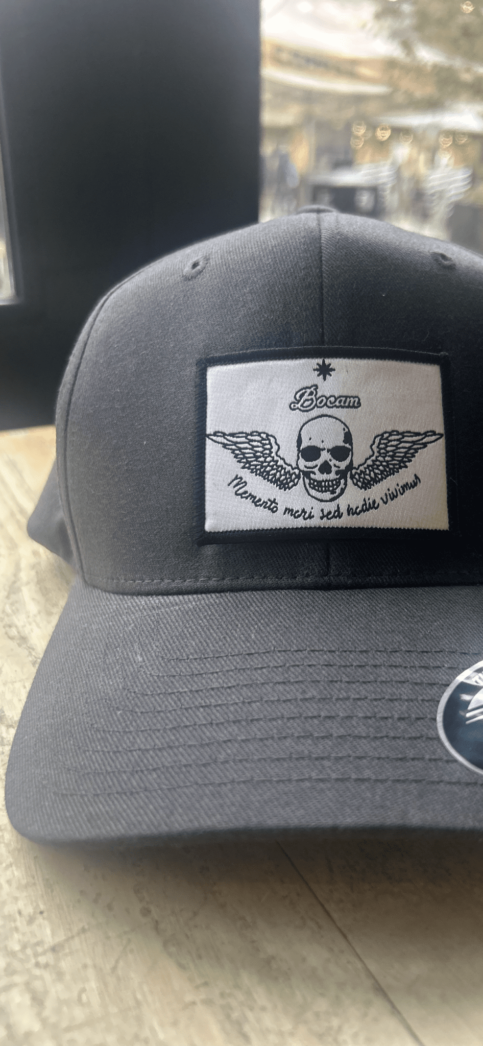 BOCAM 110 Two - Tone Grey/Melange Trucker Cap – Winged Skull “Memento Mori Sed Hodie Vivimus” Trucker cap streetwear by Bocam Gallery – graphic design Baseball caps