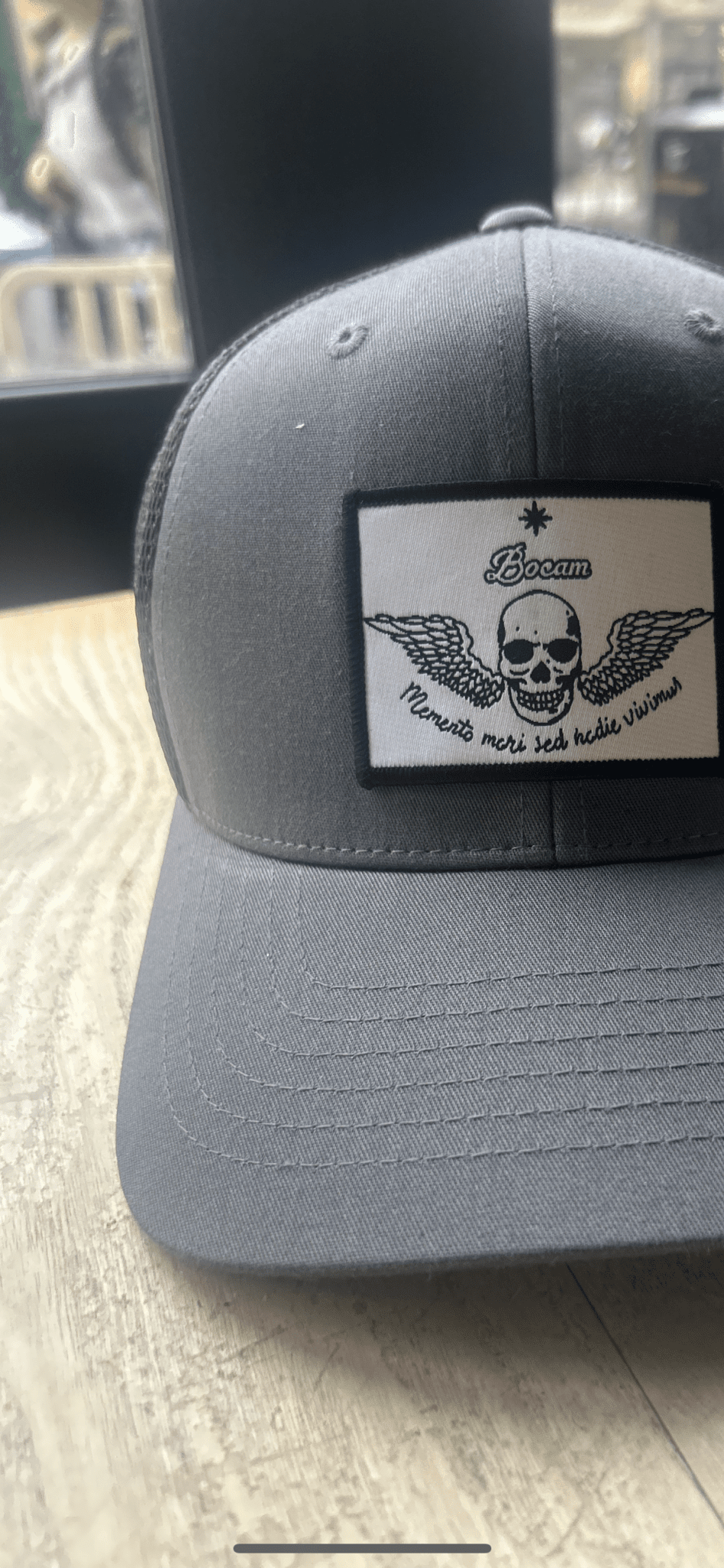 BOCAM 110 Two - Tone Grey/Melange Trucker Cap – Winged Skull “Memento Mori Sed Hodie Vivimus” Trucker cap streetwear by Bocam Gallery – graphic design Baseball caps