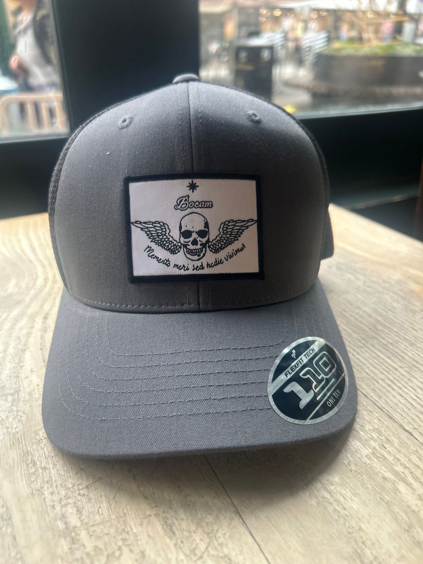 BOCAM 110 Two - Tone Grey/Melange Trucker Cap – Winged Skull “Memento Mori Sed Hodie Vivimus” Trucker cap streetwear by Bocam Gallery – graphic design Baseball caps