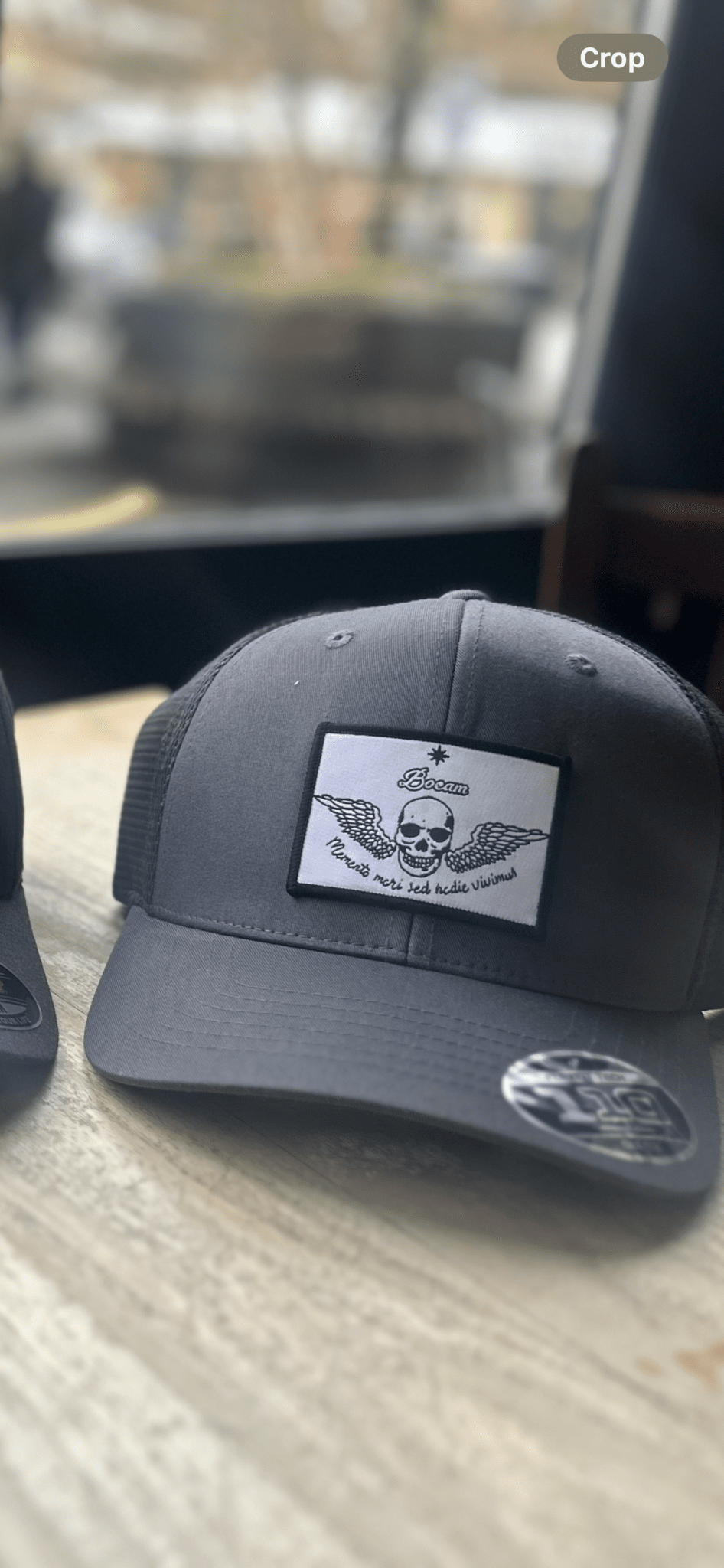 BOCAM 110 Two - Tone Grey/Melange Trucker Cap – Winged Skull “Memento Mori Sed Hodie Vivimus” Trucker cap streetwear by Bocam Gallery – graphic design Baseball caps