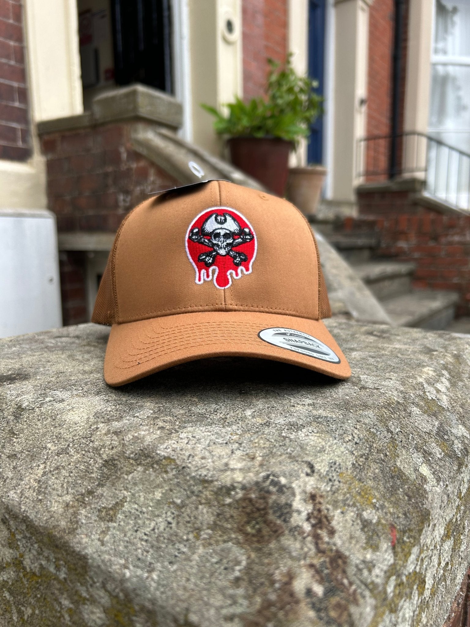 Bocam Carmel Flexfit Trucker Cap – Dripping Skull & Crossbones Logo Snapback Hat - Bocam Gallery