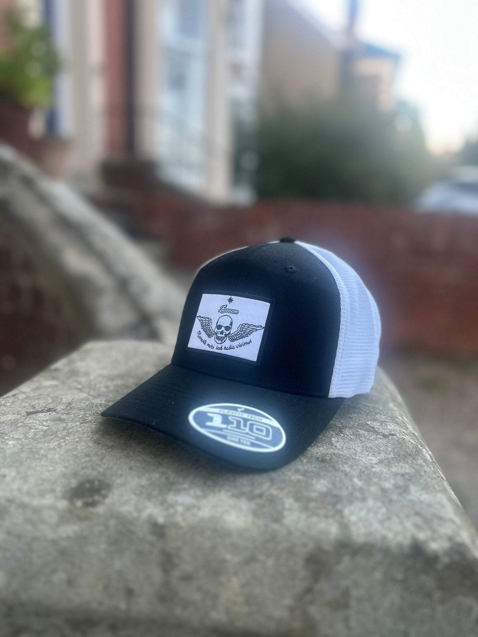 Bocam Two Toned Winged Skull “Momento Mori Sed Hodie Vivimus” Trucker Cap: - Bocam Gallery