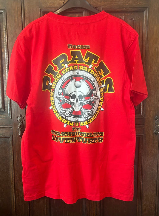 Kids Bocam Pirates graphic T-shirt in red with skull crest design