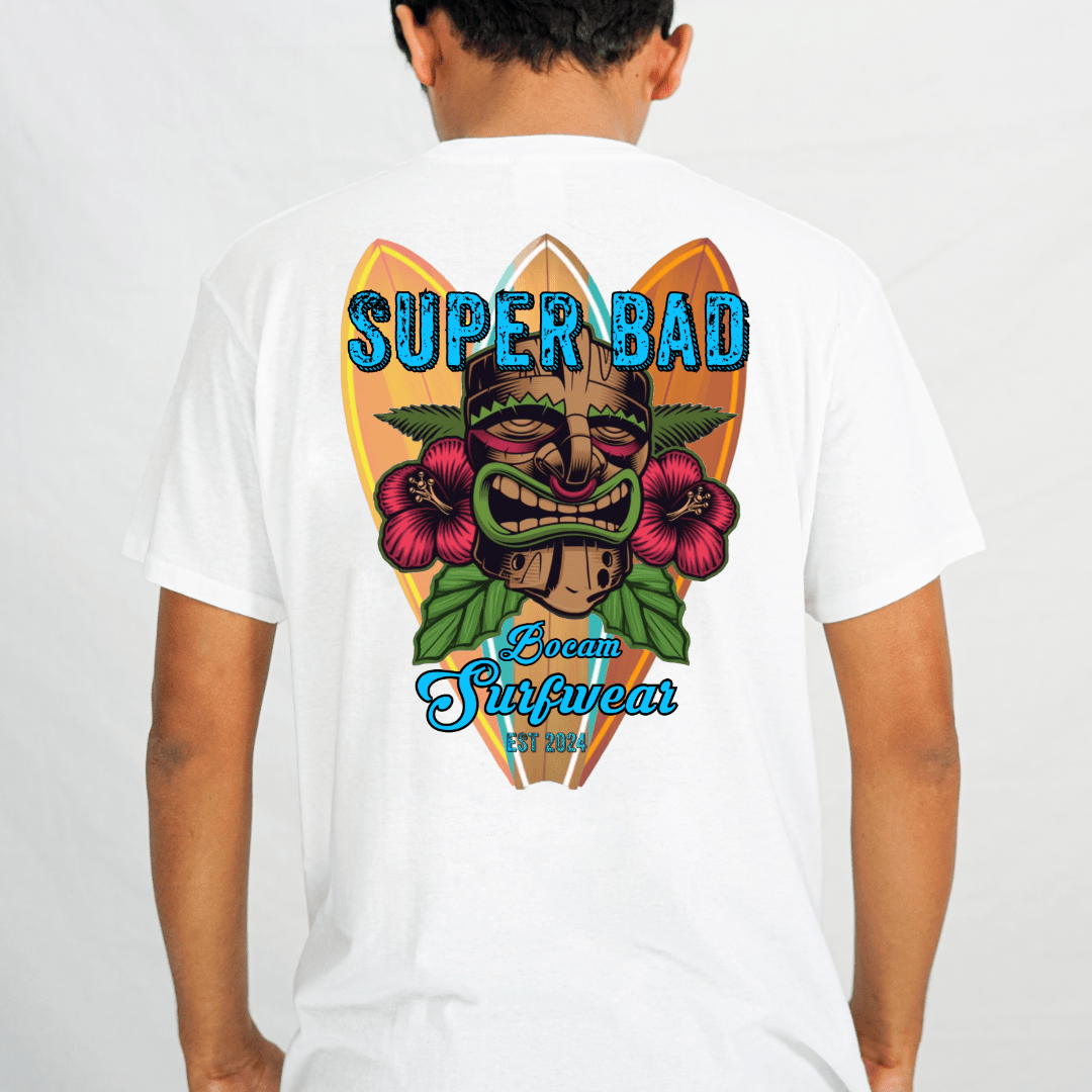 Super Bad Tiki Surfwear Organic Graphic T-Shirt (Black/White) | Bocam streetwear by Bocam Gallery – graphic design 100 organic cotton