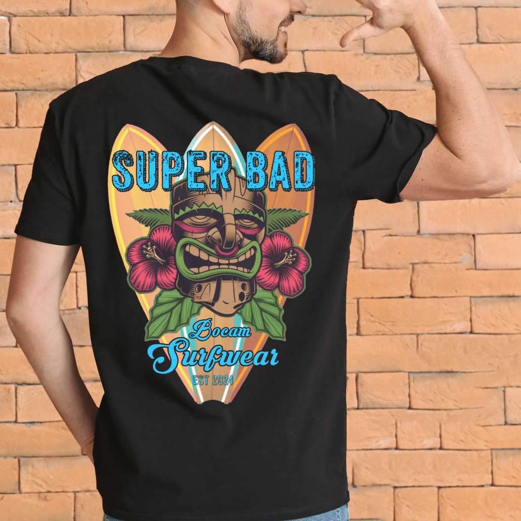Super Bad Tiki Surfwear Organic Graphic T-Shirt (Black/White) | Bocam streetwear by Bocam Gallery – graphic design 100 organic cotton